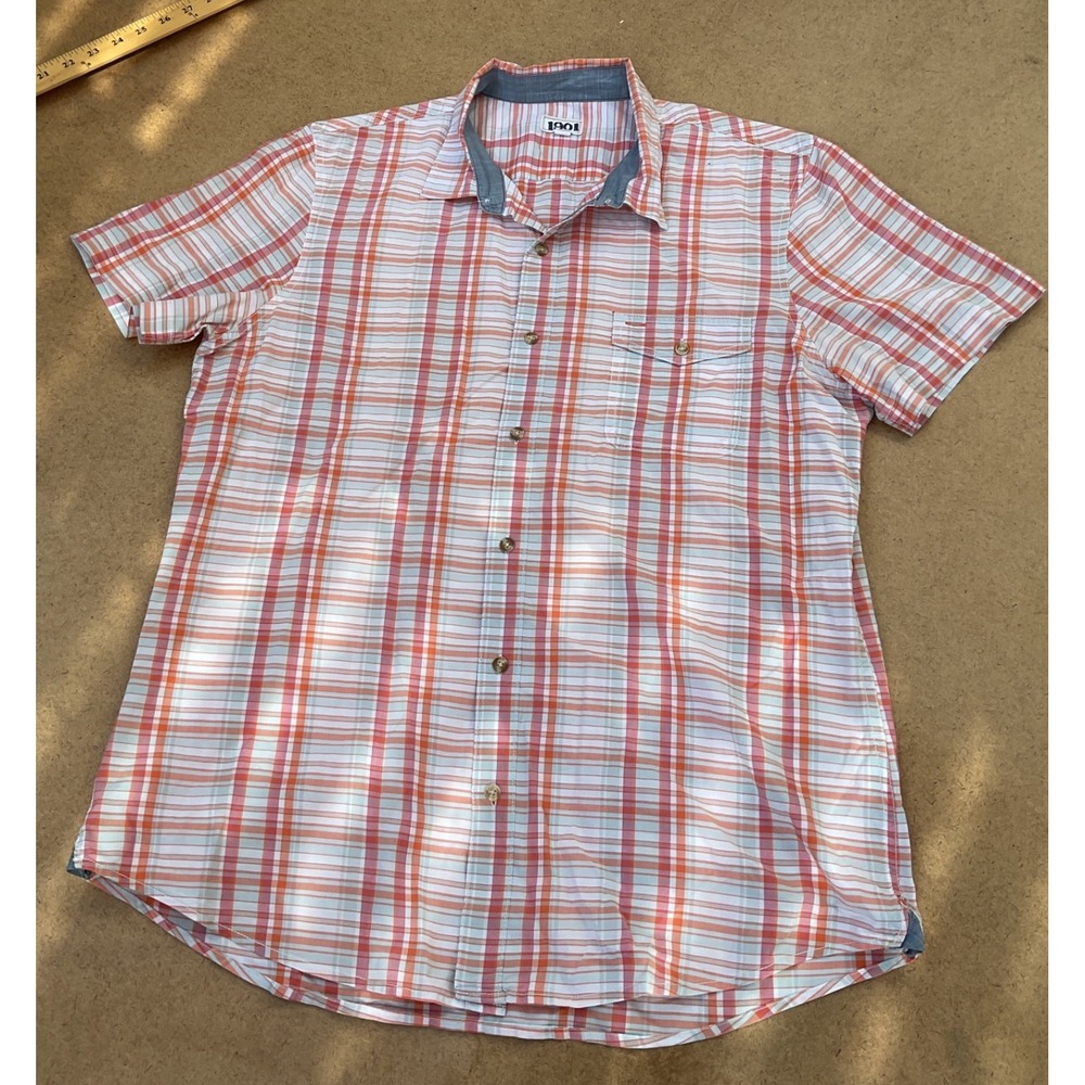 1901 Mens XL Short Sleeve Button Down Shirt Orange Pink Plaid Casual Pocket